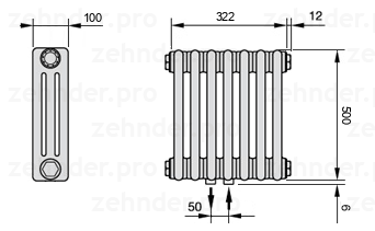 Схема (чертеж) Радиатор Zehnder Charleston 3050/7 №5410 Белый глянцевый RAL 9016